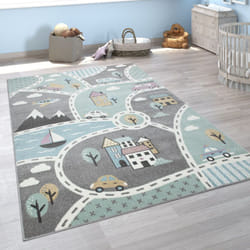 Paco Home - Tapis Pour Enfants, Tapis De Jeu Pour Chambre Enfant, Avec Motif Rues Vert Gris 120 cm rond