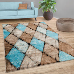 Paco Home - Tapis Salon Tapis Vintage Motif Diamant Poils Ras Moderne Beige Bleu Brun 80x150 cm