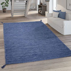 Paco Home - Tapis De Salon Moderne Monochrome Avec Franges Coton Tapis Tissé En Bleu 200x290 cm