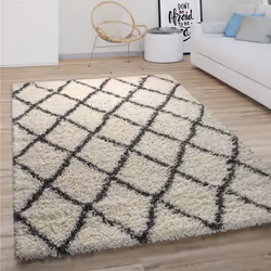 Paco Home Tapis Shaggy Tapis De Salon Poil Long Motif Diamant Scandinave Blanc Cassé Gris 60x100 cm