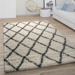 Paco Home Tapis Shaggy Tapis De Salon Poil Long Motif Diamant Scandinave Blanc Cassé Gris 60x100 cm