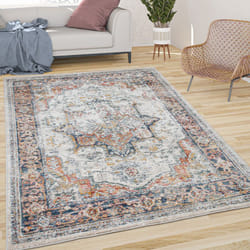 Paco Home - Tapis De Salon Poils Ras Vintage Motif Orient Ornements Bordure Beige Bleu 60x100 cm