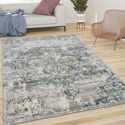 Paco Home - Tapis De Salon Poils Ras Vintage Esthétique Orientale Abstrait Gris Vert 60x100 cm