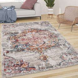 Paco Home - Tapis De Salon Poils Ras Vintage Esthétique Orientale Abstrait Beige Gris Orange 60x100 cm