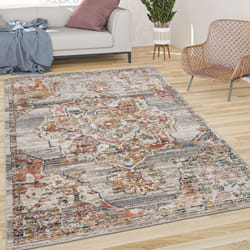 Paco Home - Tapis De Salon Poils Ras Vintage Pastel Motif Orient Avec Bordure Gris Marron 120x170 cm