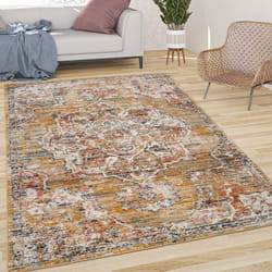 Paco Home - Tapis De Salon Poils Ras Vintage Pastel Motif Orient Avec Bordure Jaune Beige 60x100 cm
