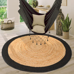 Paco Home - Tapis Rond Salon Jute Motif Ethnique Boho Moderne Fait Main Tapis Naturel Noir, 80 cm rond