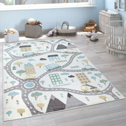 Paco Home - Tapis Enfant Chambre Enfant Pastel Garçon Fille Voitures Crème Bleu Pétrole Gris 200x280 cm
