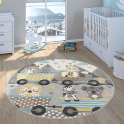 Paco Home - Tapis Enfant Tapis Chambre Enfant Garçon Fille Effet 3D Motif Animal Gris Jaune 120 cm rond
