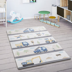 Paco Home - Tapis Enfant Tapis Chambre Enfant Voitures Rue Motif Montagne Nuage Crème Bleu 155x230 cm