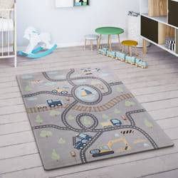 Paco Home - Tapis Enfant Tapis Chambre Enfant Rue Voitures Avion Pelleteuse Bateau Gris Vert 80x150 cm