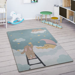 Paco Home - Tapis Enfant Tapis Chambre Enfant Etoile Nuage Lune Lièvre Turquoise Crème 120x160 cm