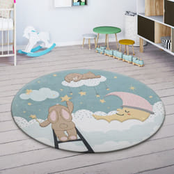 Paco Home - Tapis Enfant Tapis Chambre Enfant Etoile Nuage Lune Lièvre Turquoise Crème 80 cm rond