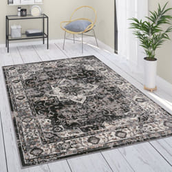 Tapis De Salon Poils Ras Ornements Marocain Avec Bordure Moderne Noir Gris 80x300 cm - Paco Home