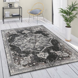 Paco Home - Tapis De Salon Poils Ras Oriental Marocain Mandala Avec Bordure Noir Gris Crème 60x100 cm