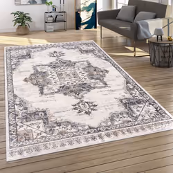 Paco Home Tapis De Salon Poils Ras Oriental Ornements Avec Bordure Moderne Gris Beige 60x100 cm