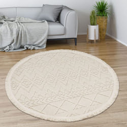 Paco Home - Tapis Salon Chambre Adulte Poils Ras Motif Boho Motif Geometrique Franges 120 cm rond, Crème 4