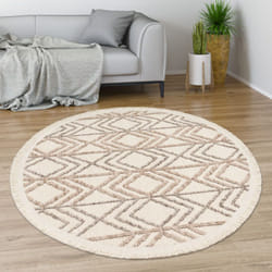 Paco Home - Tapis Salon Chambre Adulte Poils Ras Motif Boho Motif Geometrique Franges 120 cm rond, Crème 3