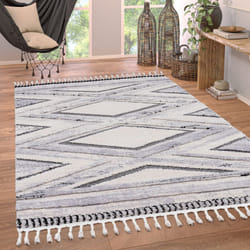 Paco Home - Tapis Salon Chambre Adulte Poils Ras Motif Ethnique Scandinave Losange Franges 80x150 cm, Gris 2