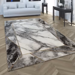 Paco Home Tapis de salon gris bordure dorée 3-D motif marbré motif marbré durable à poil court 120 cm rond