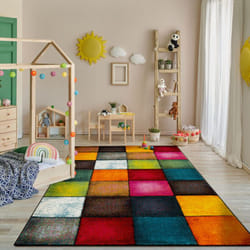 Paco Home - Tappeto Salotto Moderno Soggiorno Pelo Corto Motivo Astratto Motivo Geometrico Motivo Scacchiera Grigio Giallo Rosso 120x170 cm