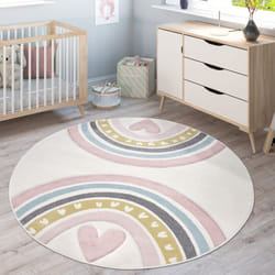 Paco Home - Tapis Enfant Tapis Chambre Enfant Fille Garcon Arc-en-ciel Coeur 3D Rose Crème 160 cm rond