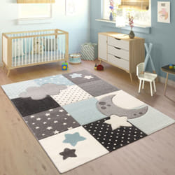 Paco Home - Tapis Enfant Chambre Enfant Carreaux Pois Nuages Étoiles En Bleu Pastel Gris 200 cm rond