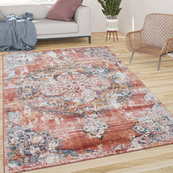 Paco Home - Tapis De Salon Poils Ras Vintage Esthétique Orientale Rouge Blanc Cassé Bleu 200 cm rond