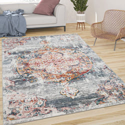 Paco Home - Tapis De Salon Poils Ras Vintage Esthétique Orientale Abstrait Grau Rouge Jaune 200 cm rond