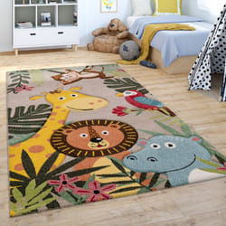 Paco Home - Tapis Enfant Tapis Chambre Enfant Fille Garcon Moderne Motif Animal Jungle Beige 133 cm carré