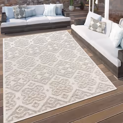 Paco Home Tapis Exterieur Terrasse Balcon Tapis Cuisine Scandinave Geometrique 3D Crème 160 cm rond