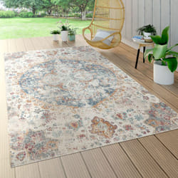 Paco Home - Tapis Exterieur Terrasse Balcon Tapis Cuisine Motif Oriental Vintage Bleu Crème 80x150 cm