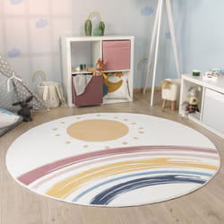 Paco Home - Tapis Rond Chambre Enfant Bebe Fille Garcon Arc-en-ciel Lavable En Machine Blanc, 100 cm rond