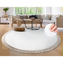 Paco Home - Tapis Salon Adulte Chambre Enfants Poil Long Shaggy Antidérapant Uni Pelucheux 200 cm rond, Crème