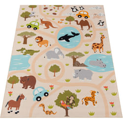 Paco Home - Tapis Chambre Fille Garcon Jungle Singe Motif Lion Antidérapant Crème Vert Jaune 140x200 cm