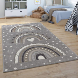 Paco Home - Tapis Enfant Chambre Enfant Poils Ras Garçon Fille Cœur Pois Arc-En-Ciel Gris 120 cm rond