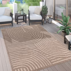 Paco Home Tapis Exterieur Terrasse Salon Cuisine 3D Uni Motif Geometrique Moderne Beige 200 cm rond