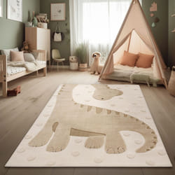 Paco Home - Tapis Chambre Enfants Effet Haut-Bas Dino Couleurs Naturelles Soft-Touch Beige Crème Charbon 120x160 cm