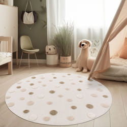 Paco Home - Tapis de chambre d'enfant Rond Tapis d'enfant de jeu Points 3D Tons terre Crème 160 cm rond