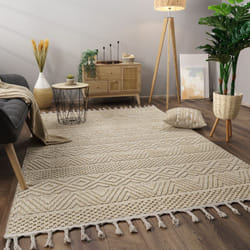 Paco Home - Tapis Salon Chambre Adulte Poils Ras Motif Boho Motif Scandinave Franges 80x150 cm, Crème