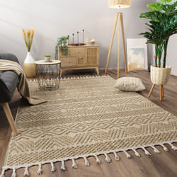 Paco Home - Tapis Salon Chambre Adulte Poils Ras Motif Boho Motif Scandinave Franges 120x160 cm, Naturelle