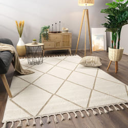 Paco Home Tapis Salon Chambre Adulte Poils Ras Motif Boho Motif Scandinave Franges 80x150 cm, Beige 2