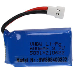 Vhbw - Batterie compatible avec xh 2.54 2P connecteur pour modéle rc par ex. voiture de course avion (600mAh, 3,7V, Li-polymère, 32 x 20 x 16 mm)
