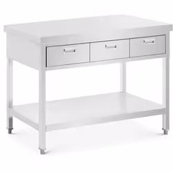 La table de travail robuste en acier inoxydable avec tiroirs de Royal Catering peut facilement supporter jusqu'à 436 kg grâce ...