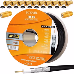 Câble coaxial satellite - HB-DIGITAL - 100 m - 10 fiches F - 2 connecteurs F plaqués or - 135 dB max