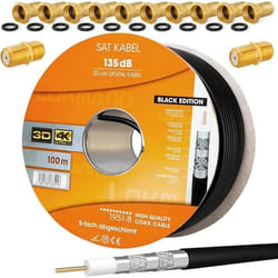 Câble coaxial satellite - HB-DIGITAL - 100 m - 10 fiches F - 2 connecteurs F plaqués or - 135 dB max