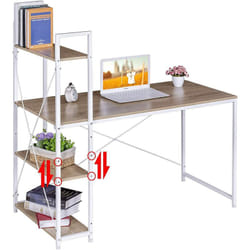 Woltu - Table de Bureau avec étagère de Rangement Bureau d'ordinateur Stable et Robuste env, 120x64x120 cm, Blanc+chêne Clair