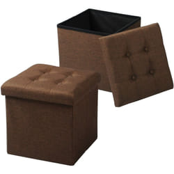 Lot de 2 Tabouret Pouf Coffre de Rangement Pliable en Lin, Charge jusqu'à 150 kg, 37, 5x37, 5x38cm (l x l x h) Brun - Woltu
