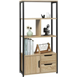 Bibliothèque Woltu tagère de rangement, avec tiroirs, 58x24x120cm, en métal et mdf, style industrie, Chêne Clair