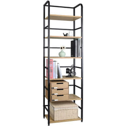 Bibliothèque Rétro Woltu tagère échelle à 6 Niveaux, Meuble de Rangement 50x30x176cm, Chêne Clair, en Métal et Bois
